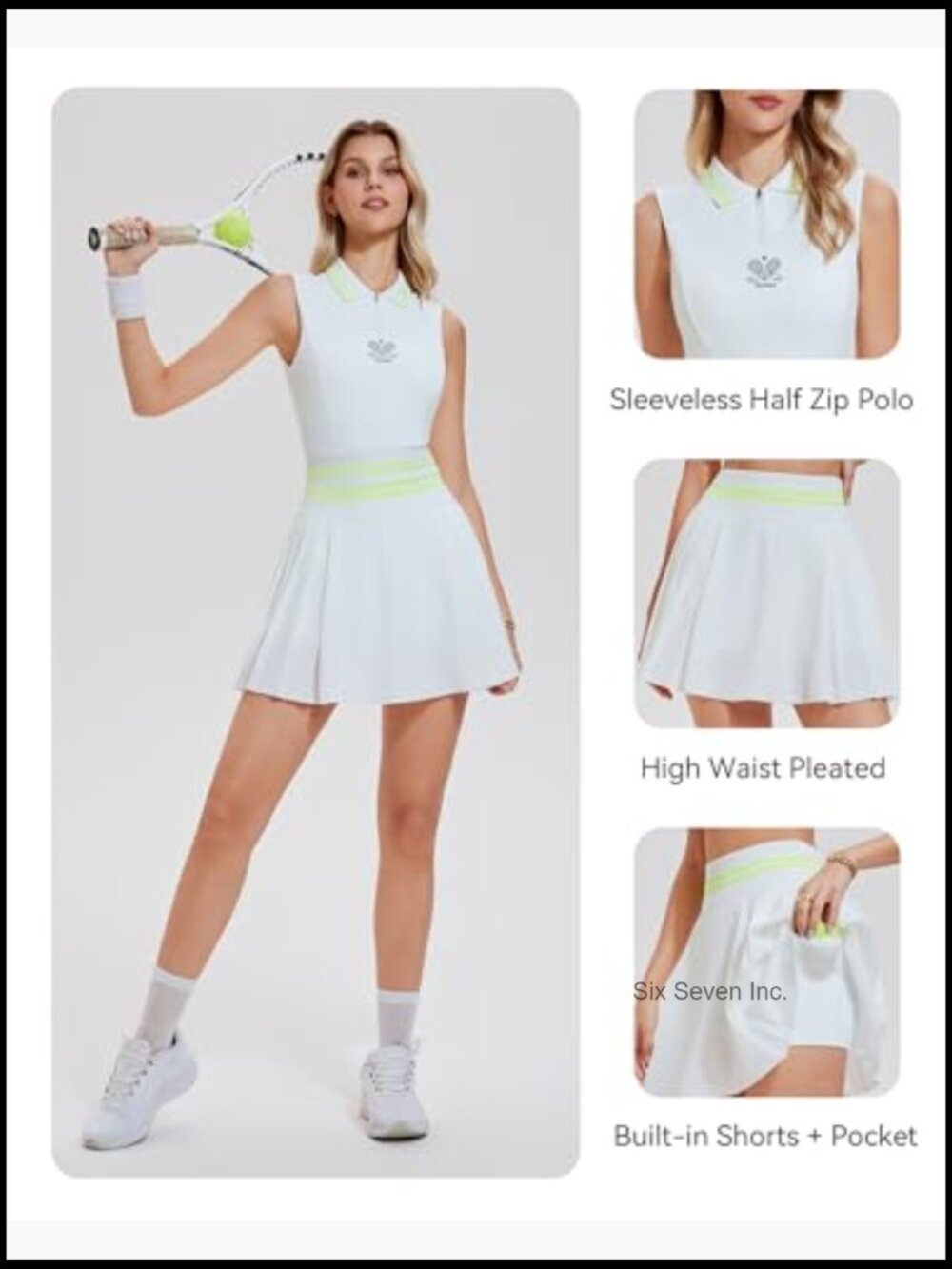 2 Piece Tennis Skirt Set Sleeveless Half Zip Polo Top High Waisted Pleated - Picture 4 of 6